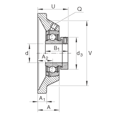 軸承座單元 PCJ45-FA125, 帶四個(gè)螺栓孔的法蘭的軸承座單元，鑄鐵，偏心鎖圈，P型密封，耐腐蝕保護(hù)